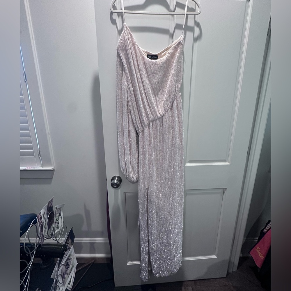 One shoulder beaded and belted maxi dress.